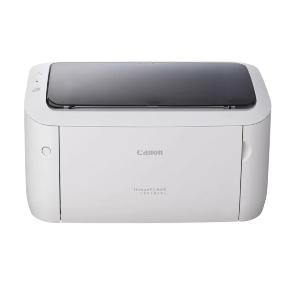 Canon imageCLASS LBP6030 white monochrome laser printer featuring a compact design and front paper tray."